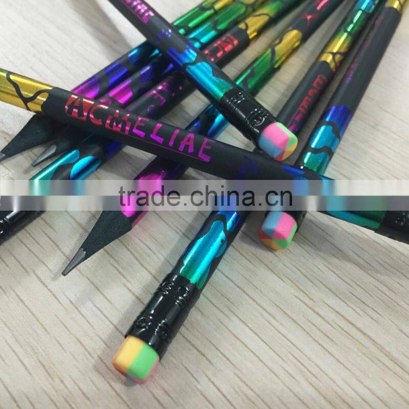 Standard size round shape black wood heat rolling rainbow laser HB pencil sharpened with rainbow eraser
