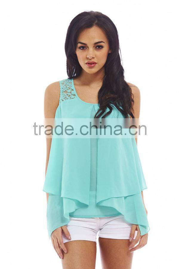 2015 Sleeveless pleated Chiffon Lady Blouse