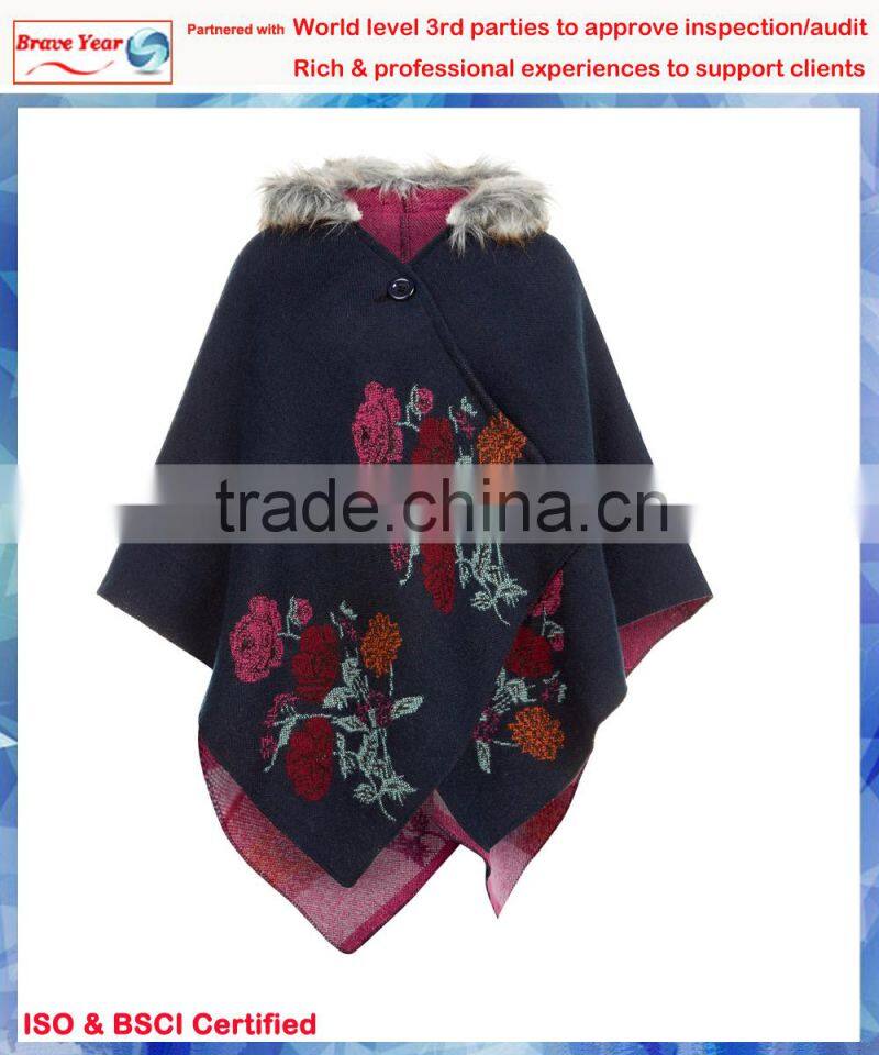 Rose jacquard peru poncho for lady, hooded poncho towel, wool poncho wholesale