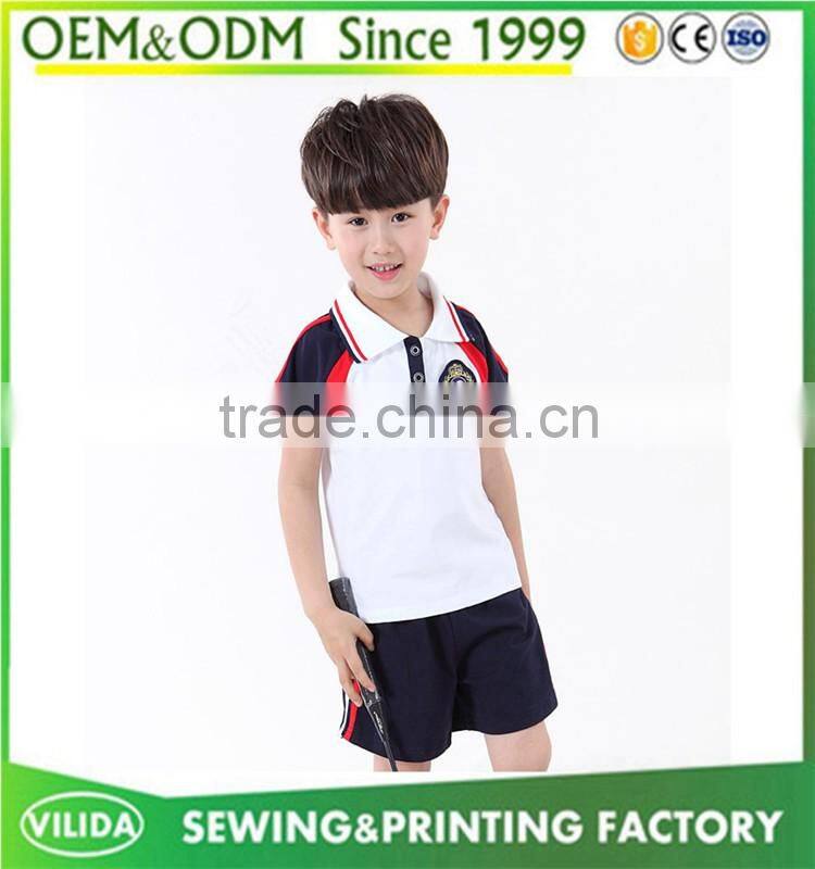 High quality kindergarten uniform new designs primary school uniform polo shirt and shorts or skirt