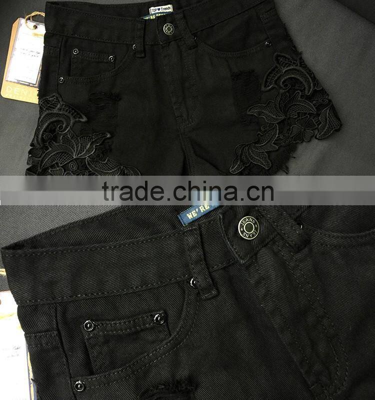 2016 Summer Fashion Women Lace Patchwork Ripped Denim Shorts Cotton Ladies New Style Tassel Fringed High Waist Short Pants