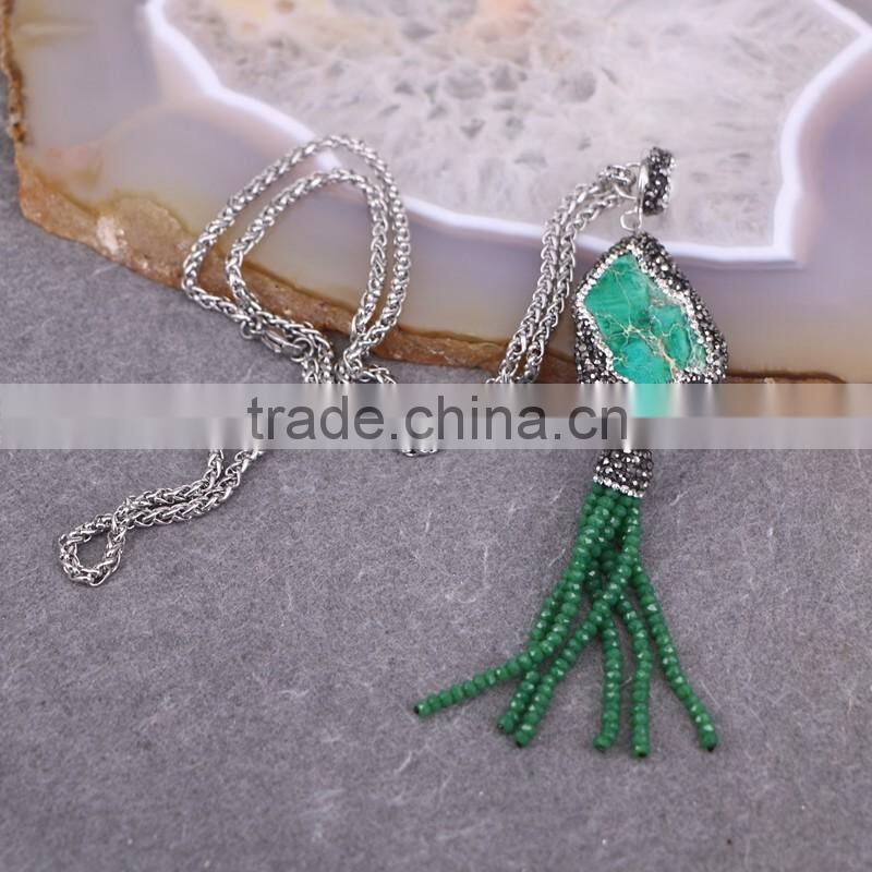 Jasper Stone Charms Druzy Tassel Necklace, Gem Stone Druzy Pendant, Pave Crystal Glass Tassel Jewelry, Stone Chain Necklace