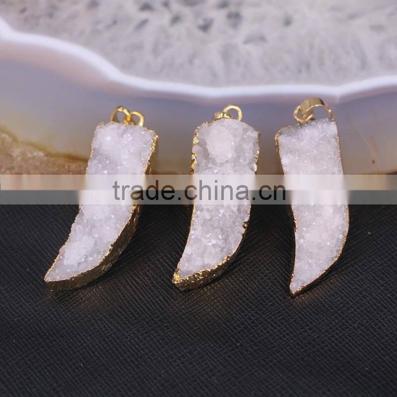 Druzy Quartz Stone Pendant Gold Plated Edged Horn Pendant Jewelry