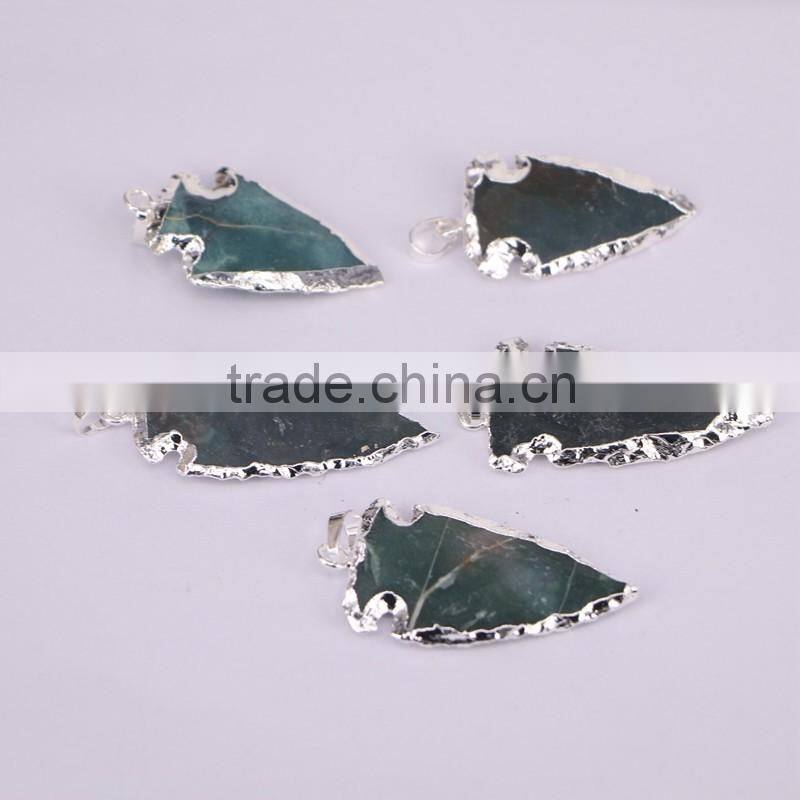 Silver Plated Edged Jasper Gem stone Druzy Pendant, Green Arrow Pendant, For Jewelry Making