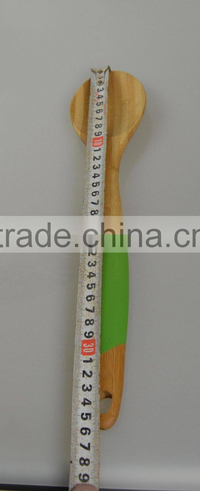 2015 Green Color Silicone Longe Handle More Thickness with Bamboo Wooden Spatula and Spoon Flat Utensil Set