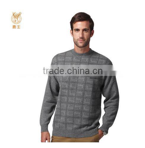 Fancy Round Neck Cashmere Sweater Pullover, Men Latticed Grey Pullover