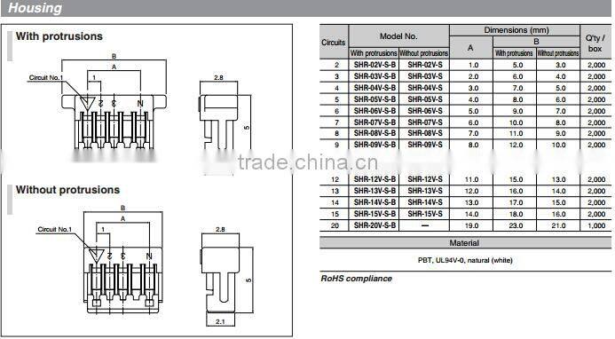 wire to board crimp connector SH series JST 1.0mm pitch 2 pin connector SHR-02V-S-B housing