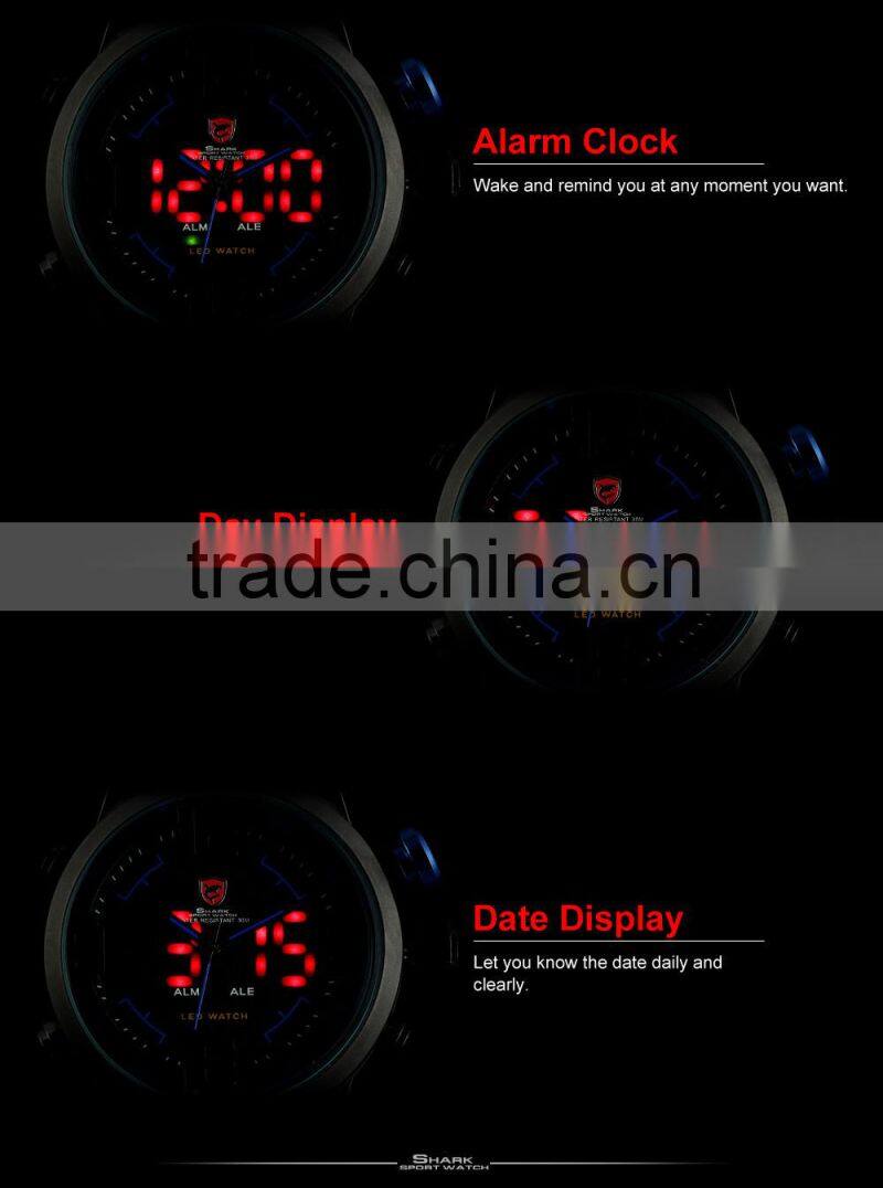 SHARK Stainless Steel Japan Movement Analog Date Alarm Quartz Wrist Mens Sport Digital Watch