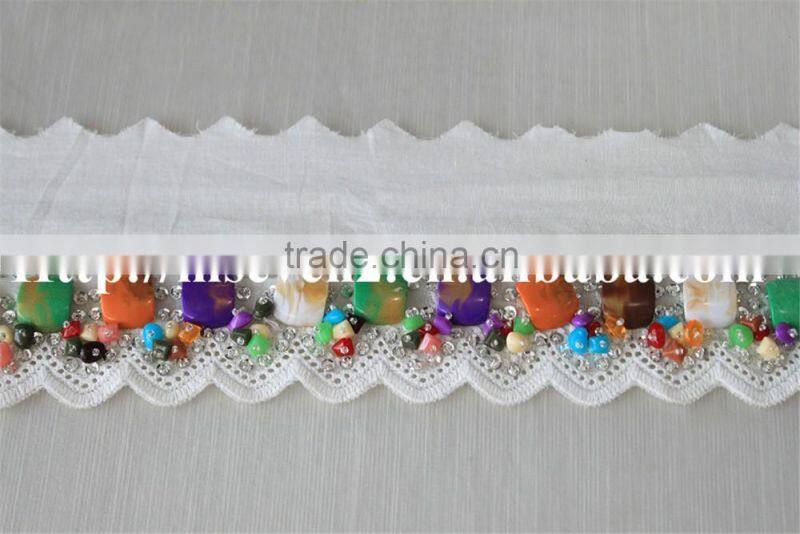 100% cotton water soluble lace trim with colorful beaded design for sale