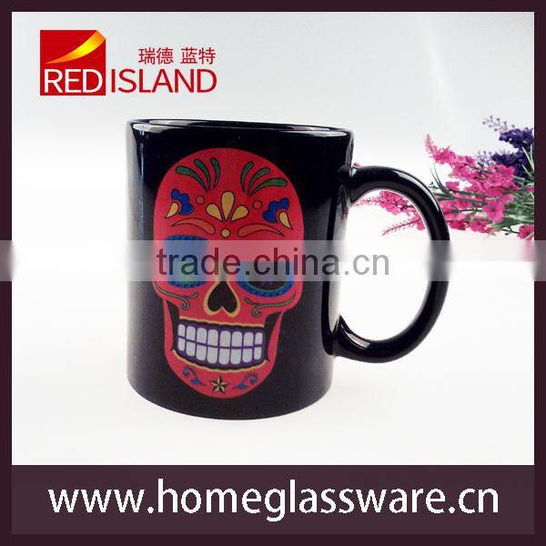 11 oz black ceramic coffee cup mug with skull pattern