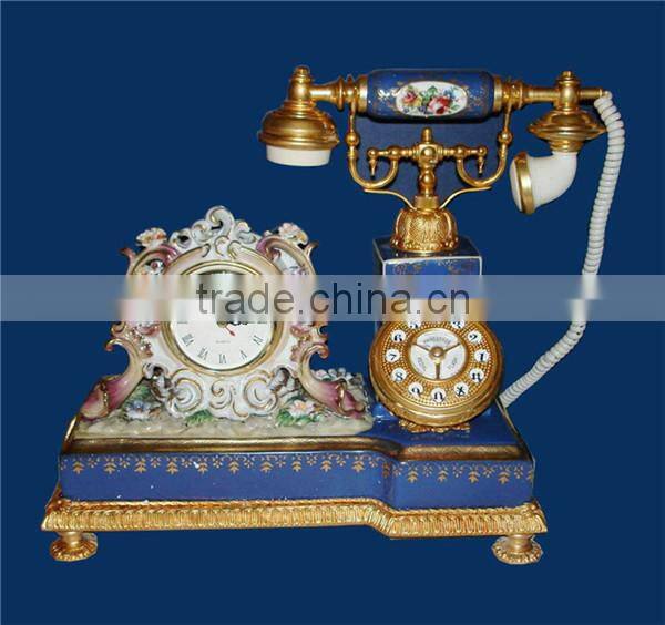 Antique Curio Ceramic Telephone Table Clock, Gold Plated Brass Footed Desk Clock, Collectable Home Decorative Table Clock