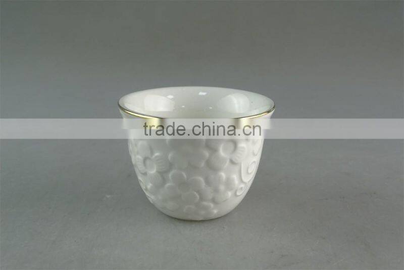 White ceramic tea cup with small flowers embossing and golden line for wholesale 12 pcs per set,with color box.good quality