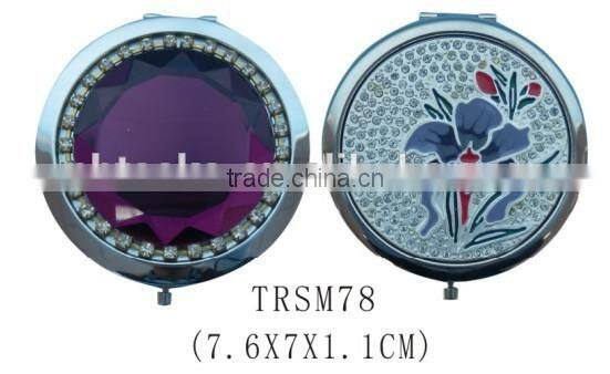 Handheld jeweled folding metal round shape pocket make up mirror