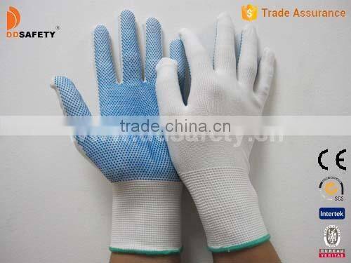DDSAFETY 2017 13 Gauge Bleach Nylon Seamless Gloves Working Gloves With Blue Pvc Dots One Side