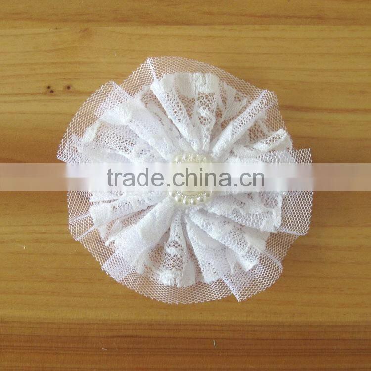 lace flower with pearl bead in center for kids hair accessories