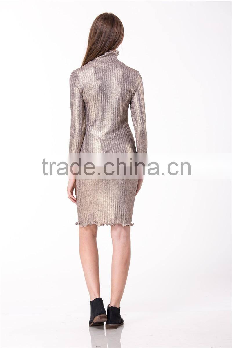 2017 New arrival Metallic Gold Knitted Sweater Long Sleeve Hight Neck Tight Fit Pullover & Skirt Co-ord Set