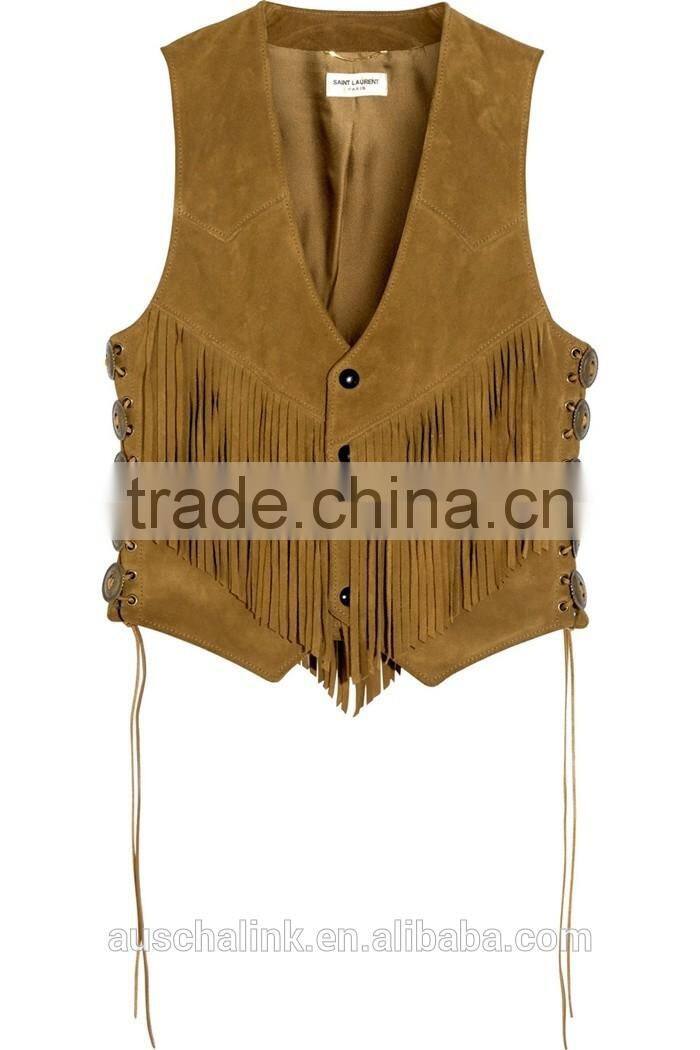 high quality women sweet brown slim fit fringe suede vest