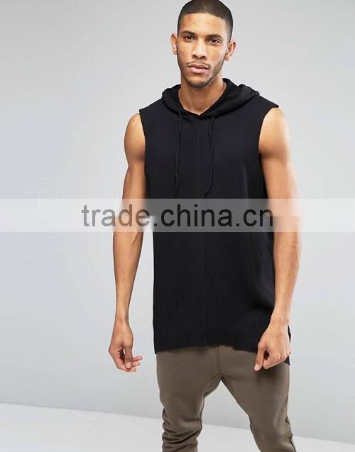 Comfortable latest design fashion black oversized sleeveless hooded t-shirt men custom