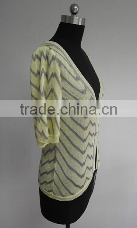 Ladies Fashion stripe knit 1/2 sleeve cardigan sweater