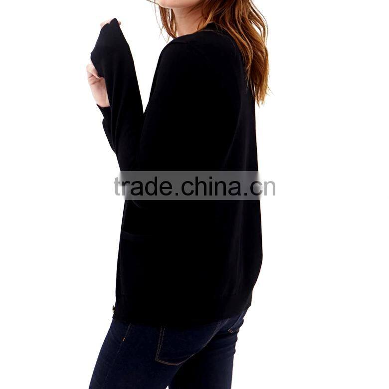 preppy style v neck button up black ladies cardigans with front patch pockets