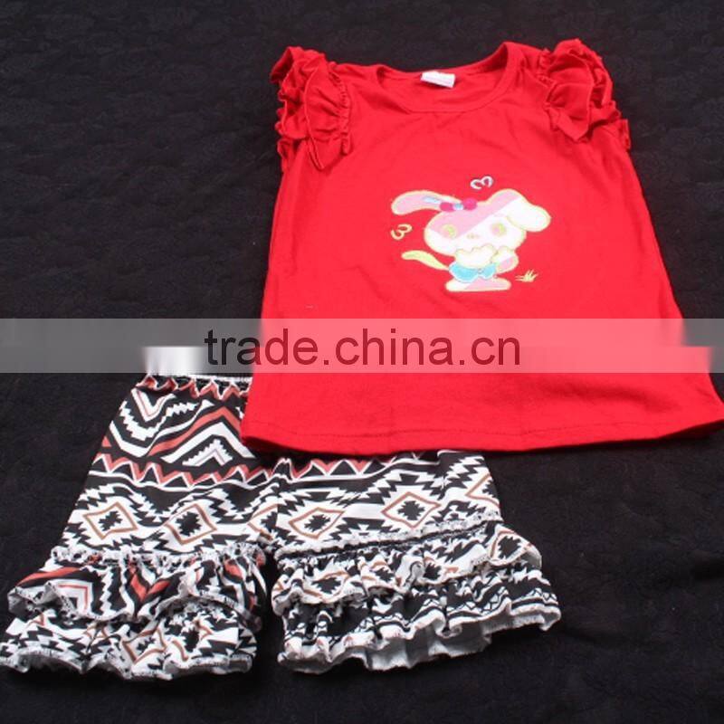 High Quality Embroidered Bunny Girls Cotton Summer Short Ruffle Outfits Kids Boutique Outfit