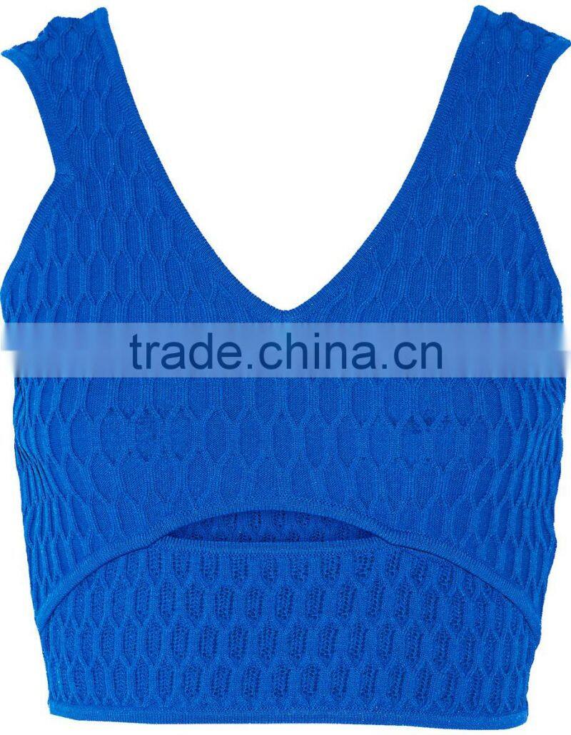 Sexy Designed Deep V-Neck Plain Blue Sweater Crop Top for Ladies