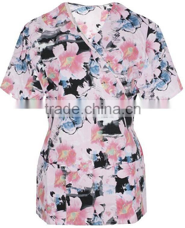 Top Selling Mock Wrap Women Medical Scrubs Wholesale Knit Panel Top