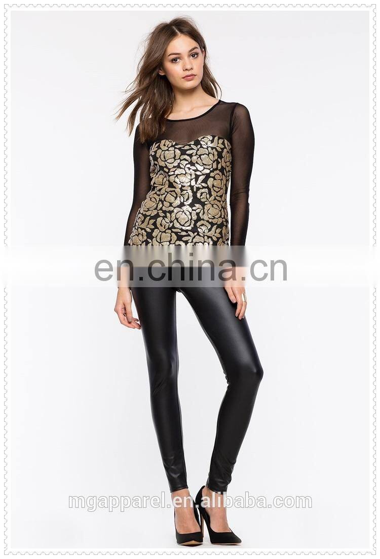 OEM cheap fancy gold-toned sequins long sleeves women floral top blouse
