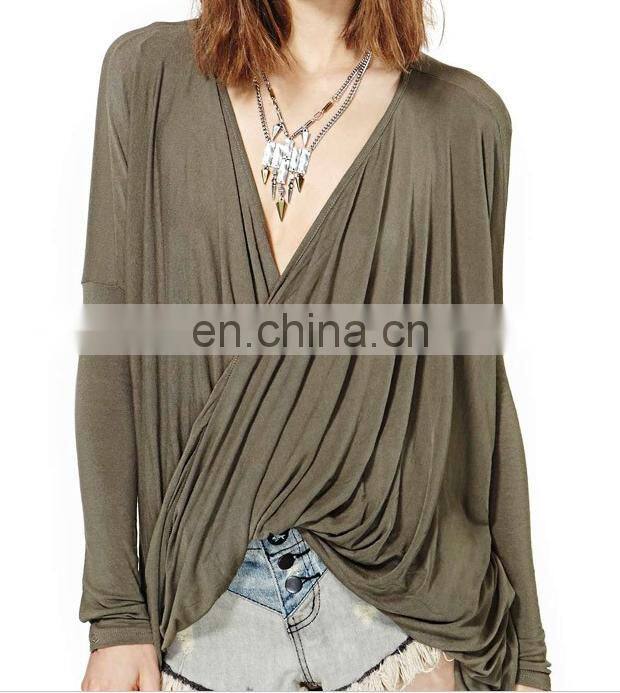 2017 OEM New Spring High Quality Fashion Cross-Folding Loose Type Deep V Shape Women tshirt