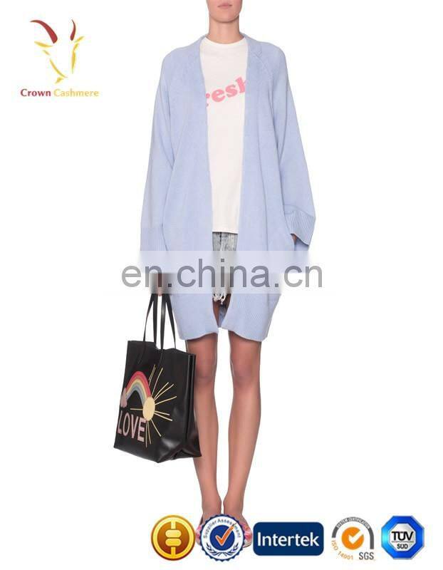 Loose Skyblue Latest Fashion Ladies Woolen Long Cardigan