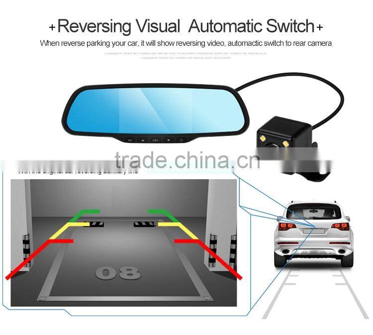 2016 hottest Full 1080P HD 5.0 inch dual rearview mirror dual dash camera 2 in 1 with G-sensor