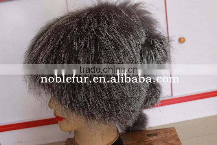 popular plain solid color silver fox fur winter hat with long tail ball