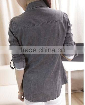 ladies cotton polo collar shirt solid color long sleeve jean blouse