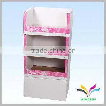 China supplier custom recyclable 3 tiers painting unique floor standing cardboard cosmetic shelving rack