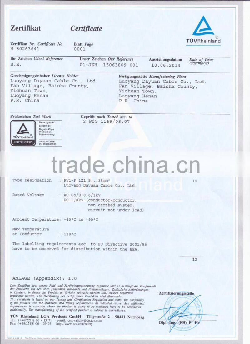 TUV Solar PV Cable Tinned Copper Cores DC Solar Cable