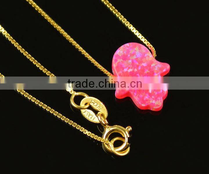 Fashion 11x13mm OP55 Gold Plating sterling silver pink synthetic opal hamsa halskette