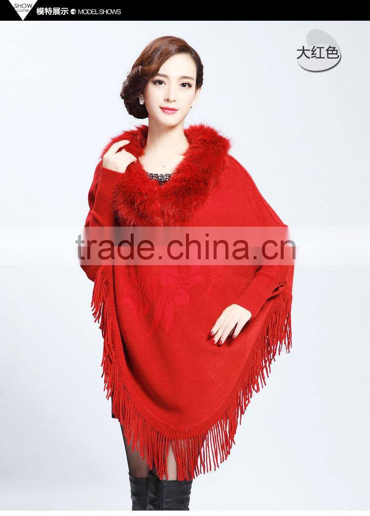 2015 Europe and United States new upmarket collars printing long tassels knitting cape coat female