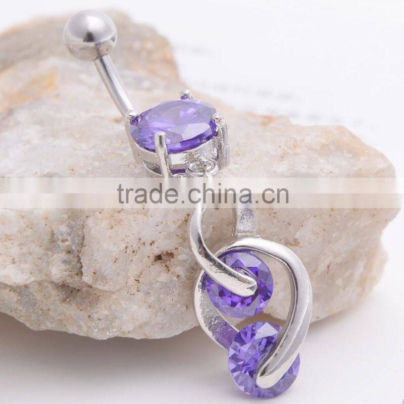Big Zircon Inlay Dual Hearts lining Dangle Belly Button Naval Ring.