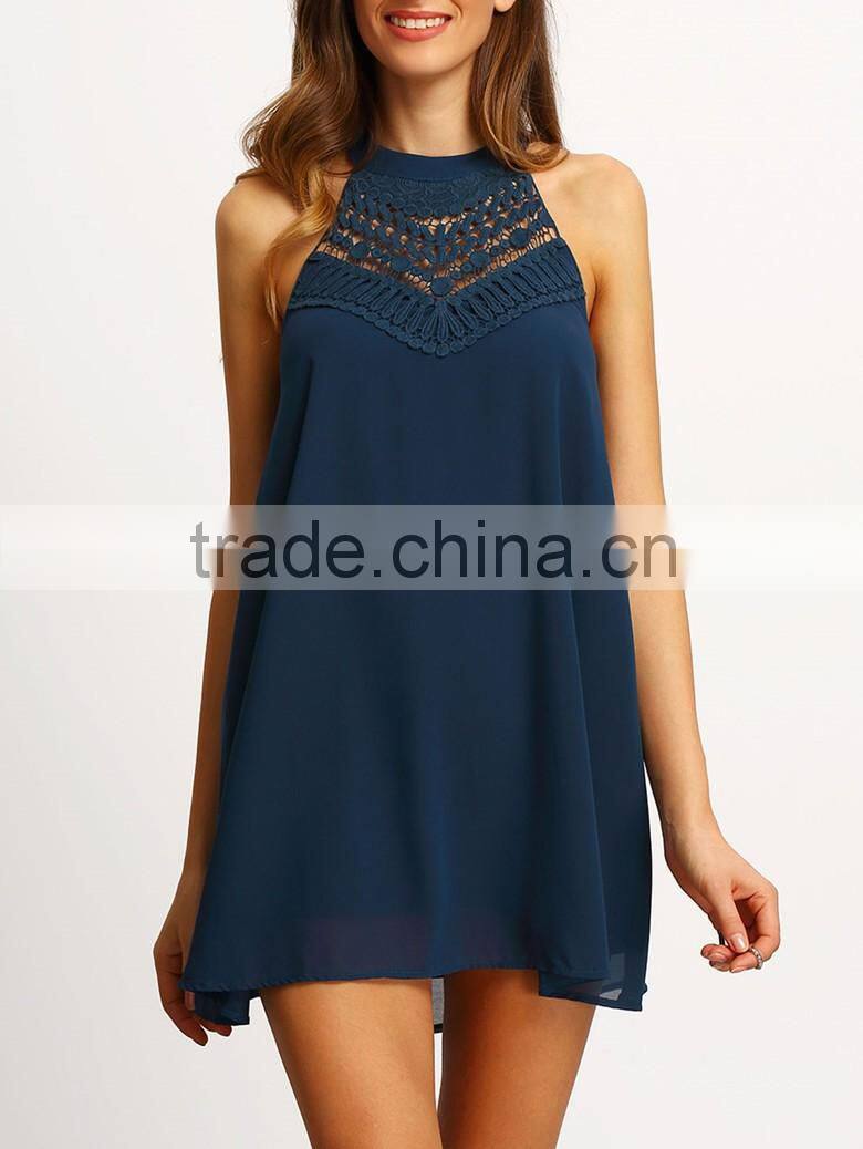 2016 woman sleeveless lace neck hot summer chiffon casual short dress, plus size women dress SY1601