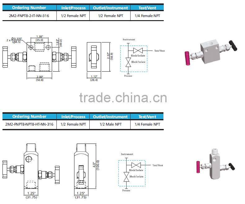 stainless steel instrument manifolds water/gas/oil 2-valve manifolds direct mount manifold