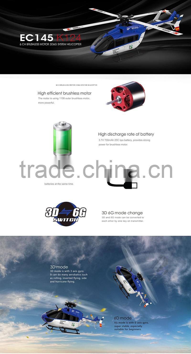 XK high quality 6CH Brushless motor 3D6G System rc helicopter RTF in sale