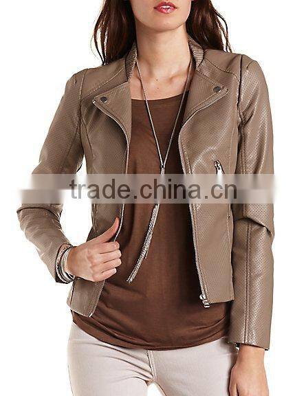 OEM women perforated faux leather moto jacket