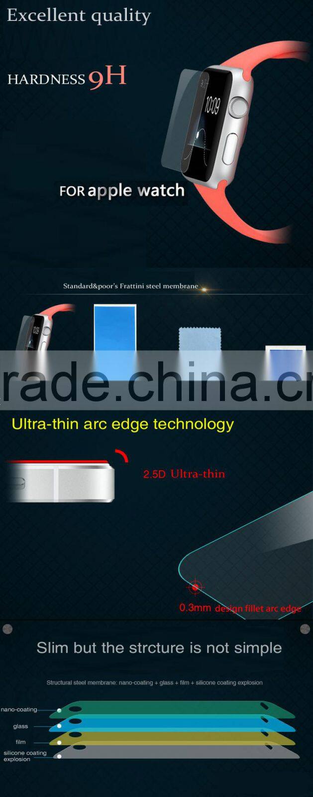 0.33mm high definition anti scratch anti-glare 2.5D 9H tempered glass for Apple watch in screen protector
