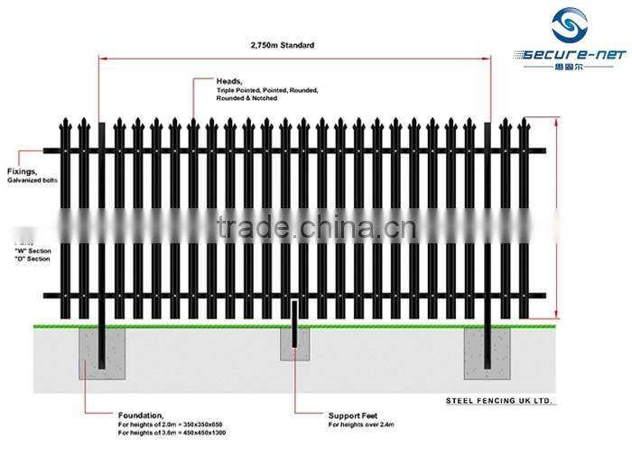 Picket style palisade fence panels design with professional manufactory