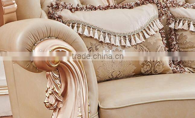 Champagne gold flower carving genuine leather sofa set