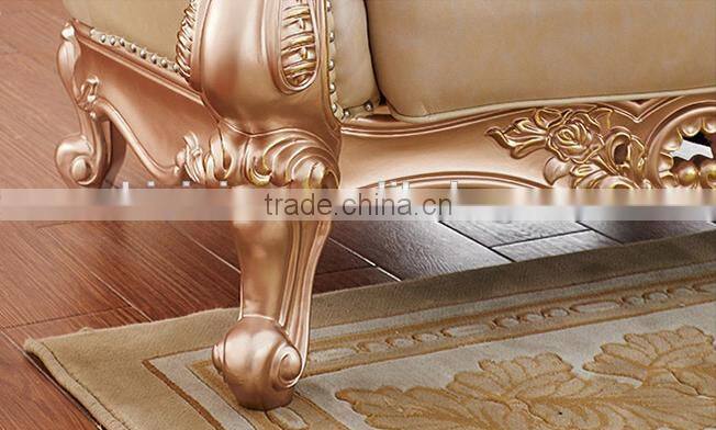 Champagne gold flower carving genuine leather sofa set
