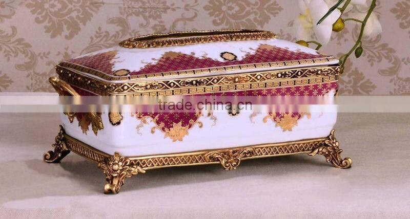 Luxury red color ceramic brass carving decorative tissue box