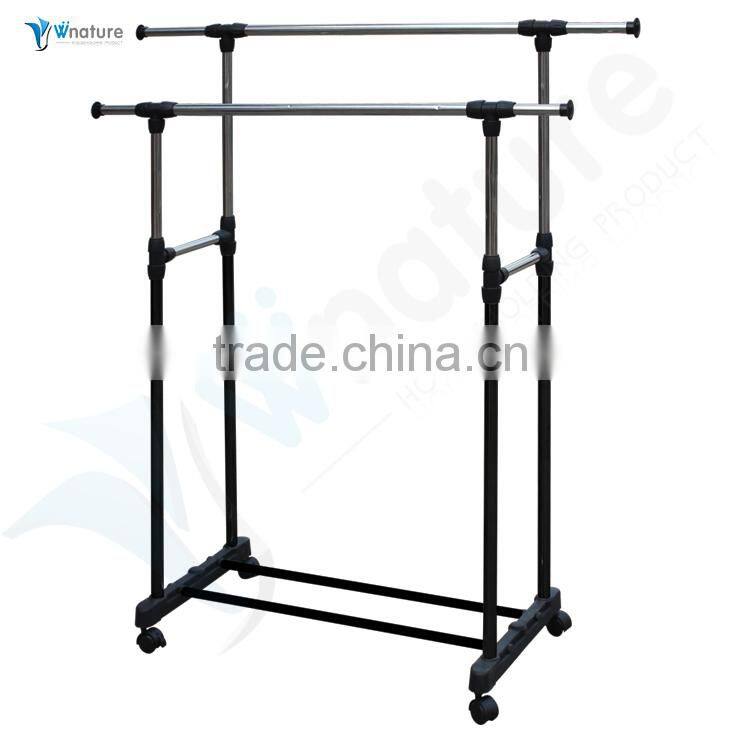 Stainless Steel Adjustable Telescoping Vertical and Horizontal Bars Double Rails Rolling Clothing Rack and Garment Rack