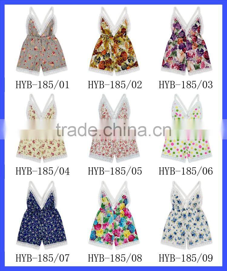 Summer New Boutique Outfits Baby V-neck Playsuit Romper Backless Floral Fabric Jersey Jumpsuit Kid