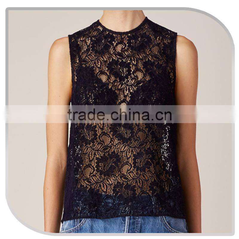 Ladies lace tops for women 2016 sleeveless latest design sexy net tops for girls